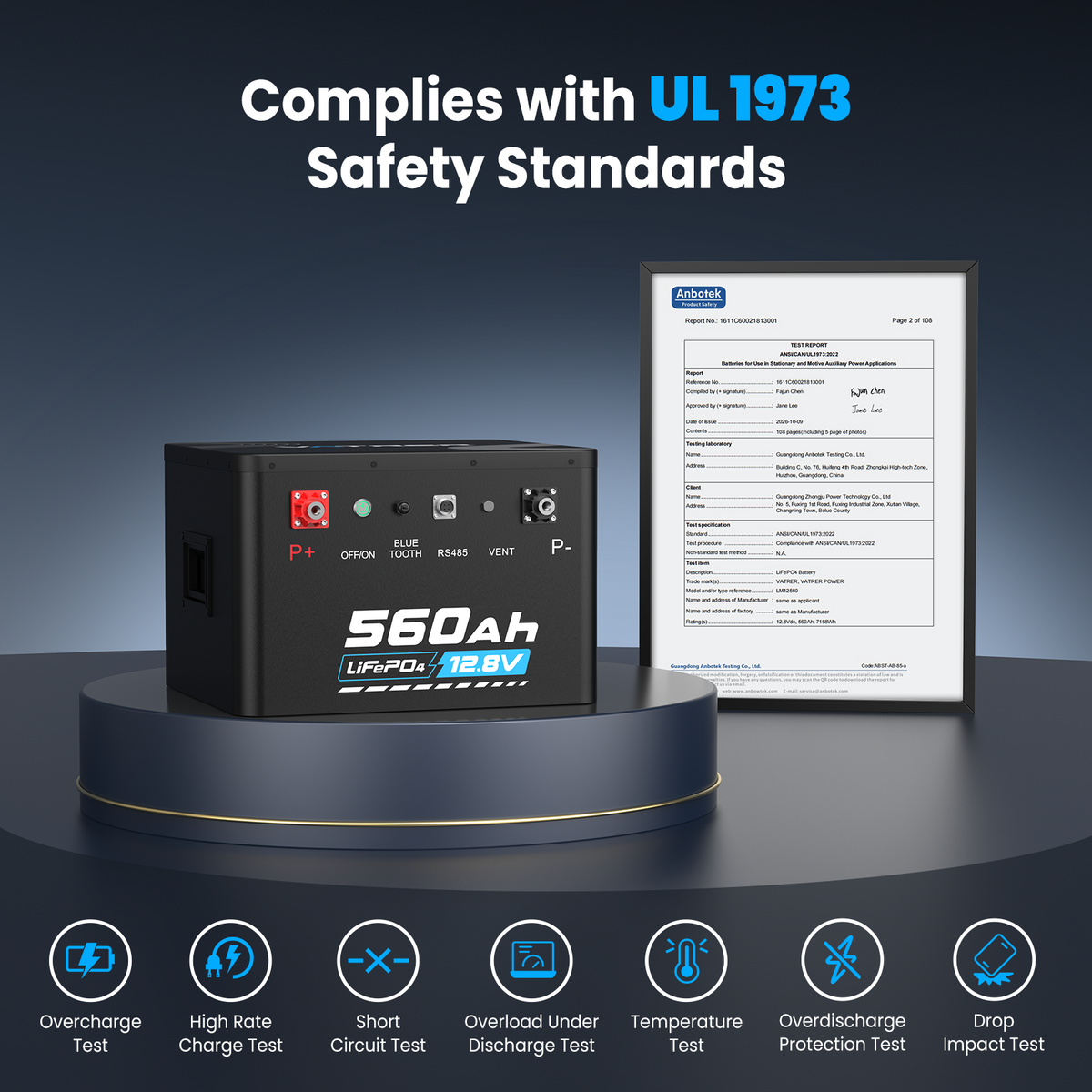 Vatrer 12V 560Ah self-heating lithium battery compliance UL 1973 Safely Standard