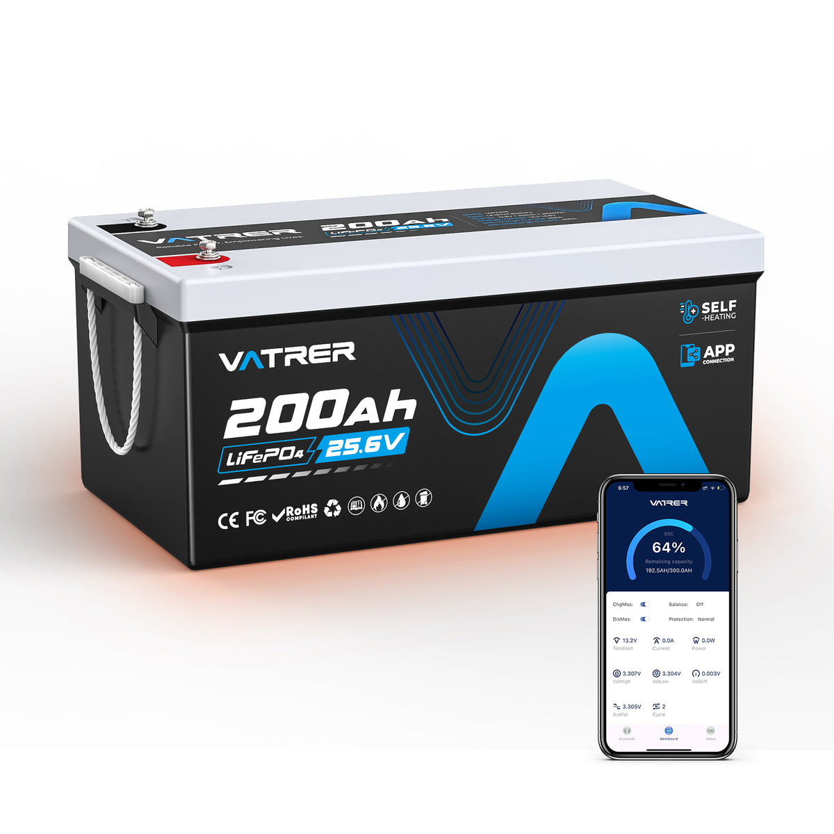 Vatrer 24V 200Ah Self-heating LiFePO4 Lithium Battery Bluetooth Versio ...