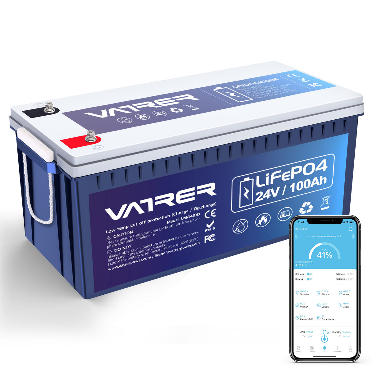 Vatrer 24V 100Ah Bluetooth LiFePO4 Deep Cycle Battery