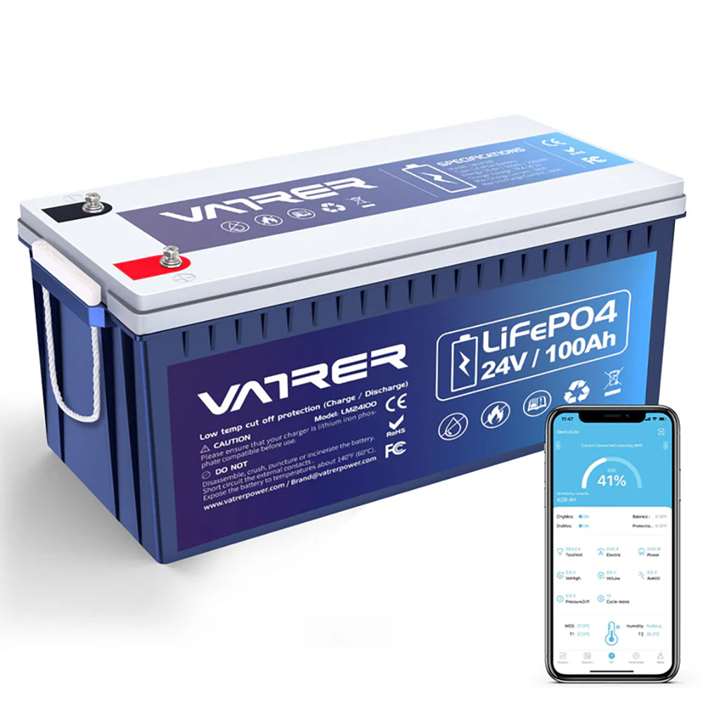 Vatrer 24V 100Ah Bluetooth Lithium Battery