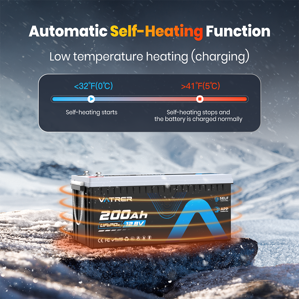 Vatrer 12V 200Ah Bluetooth Heated Lithium Battery