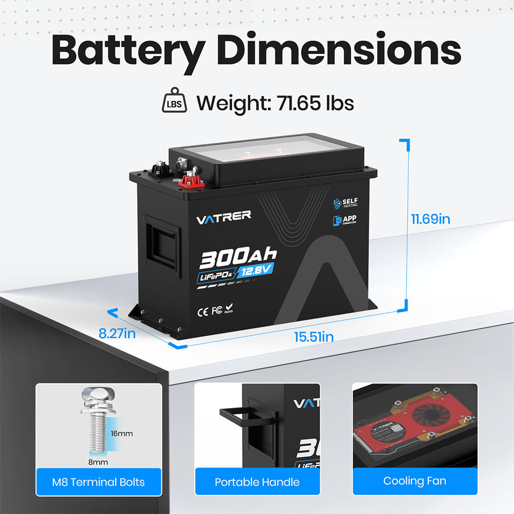 Vatrer 12V 300Ah Self-heating Lithium Battery Size