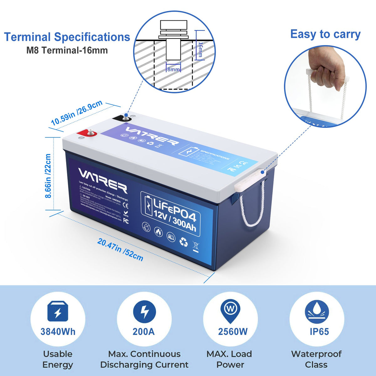 Vatrer 12V 300Ah LiFePO4 リチウム電池、200A BMS 内蔵、低温カットオフ、3840Wh エネルギー 11