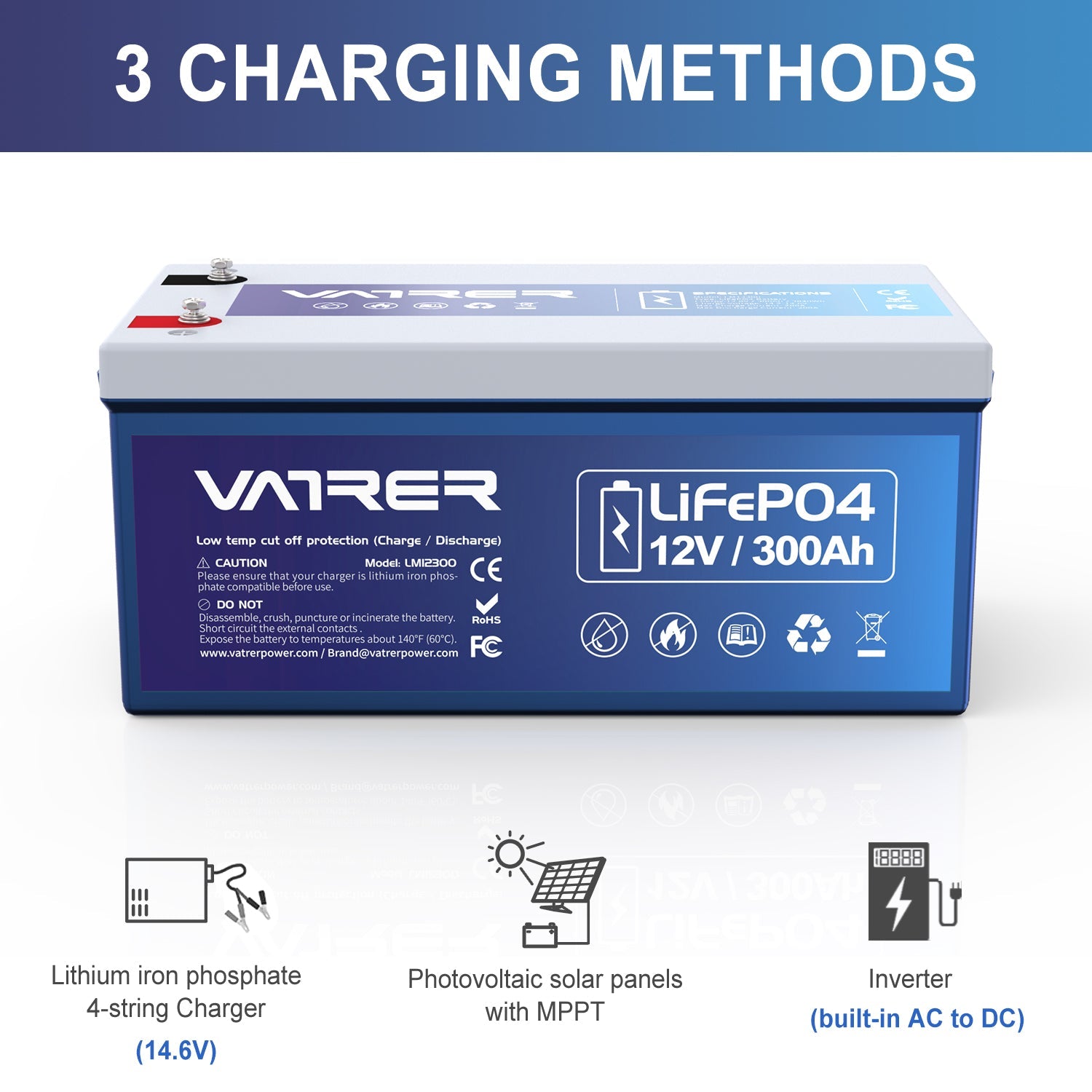 <tc>Vatrer</tc> 12 V 300 Ah LiFePO4-Lithiumbatterie, eingebautes 200 A BMS, Abschaltung bei niedriger Temperatur, 3840 Wh Energie 12