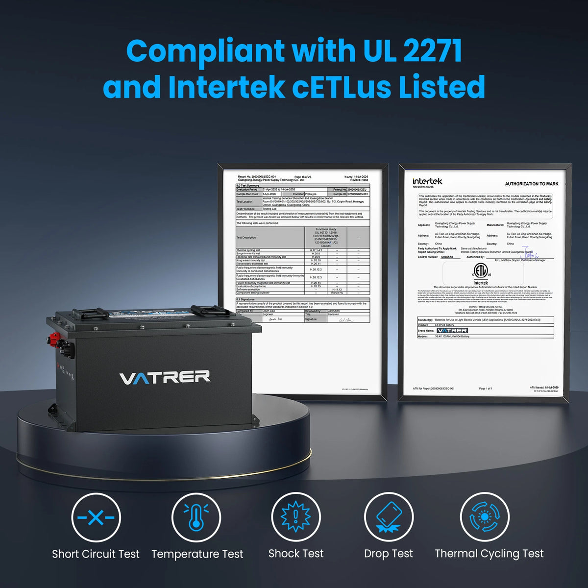Vatrer 36V 105Ah Lithium Golf Cart Batteries Compliant with UL 2271 and Intertek cETLus Listed