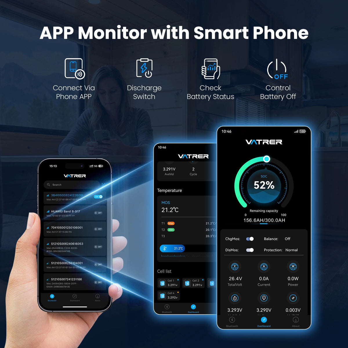 Vatrer app monitoring for 24V 300Ah lithium battery status and controls