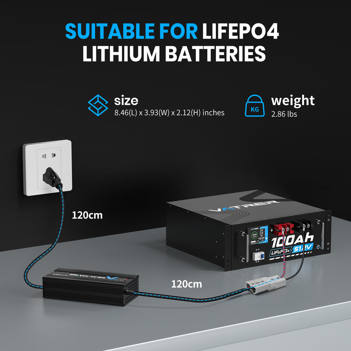 Vatrer 48V Lithium Battery Charger, 58.4V 10A AC-DC LiFePO4 Smart Battery Charger CA 11