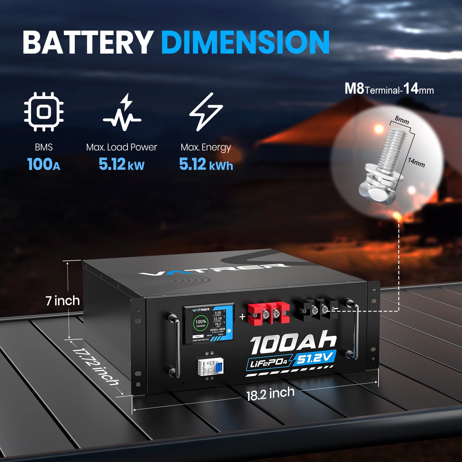 <tc>Vatrer</tc> 51,2 V 100 Ah LiFePO4 Lithium-Solarbatterie, integriertes 100 A BMS, max. 5120 W Ladeleistung, Bluetooth-Version 13