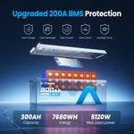 24V 300Ah LiFePO4 battery with 200A BMS protection and 5120W max load power