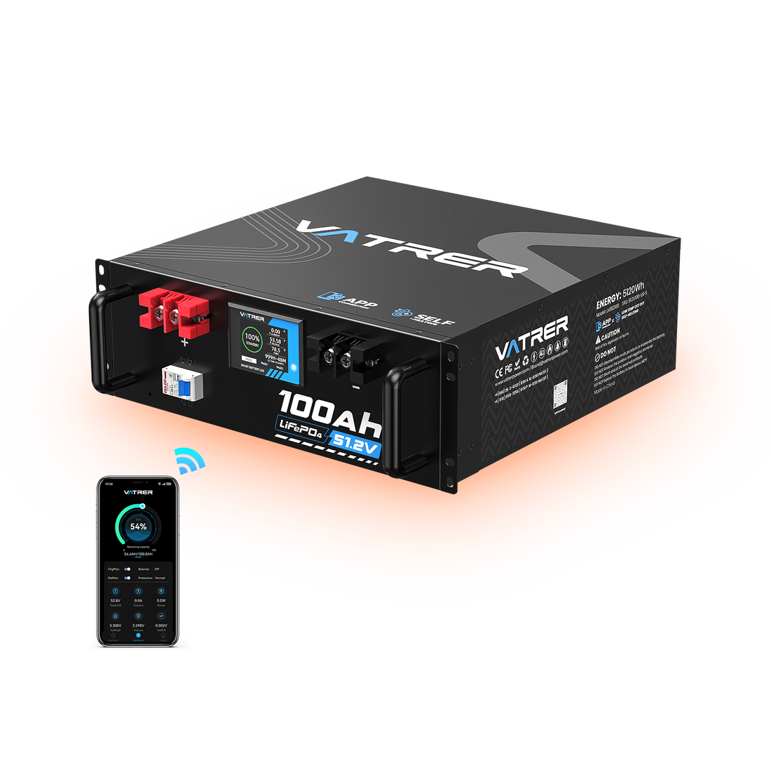 Vatrer 48V(51.2V) 100Ah Heated Lithium Solar Battery, Max 5120W Load Power