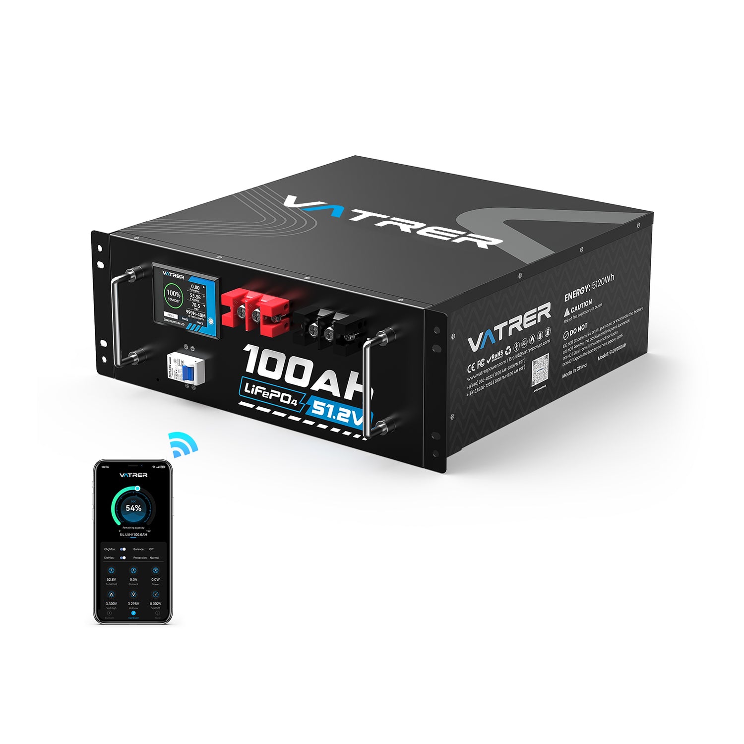 Vatrer 51.2V 100Ah LiFePO4 Lithium Solar Battery, Built-In 100A BMS, Max. 5120W Load Power, Bluetooth Version CA