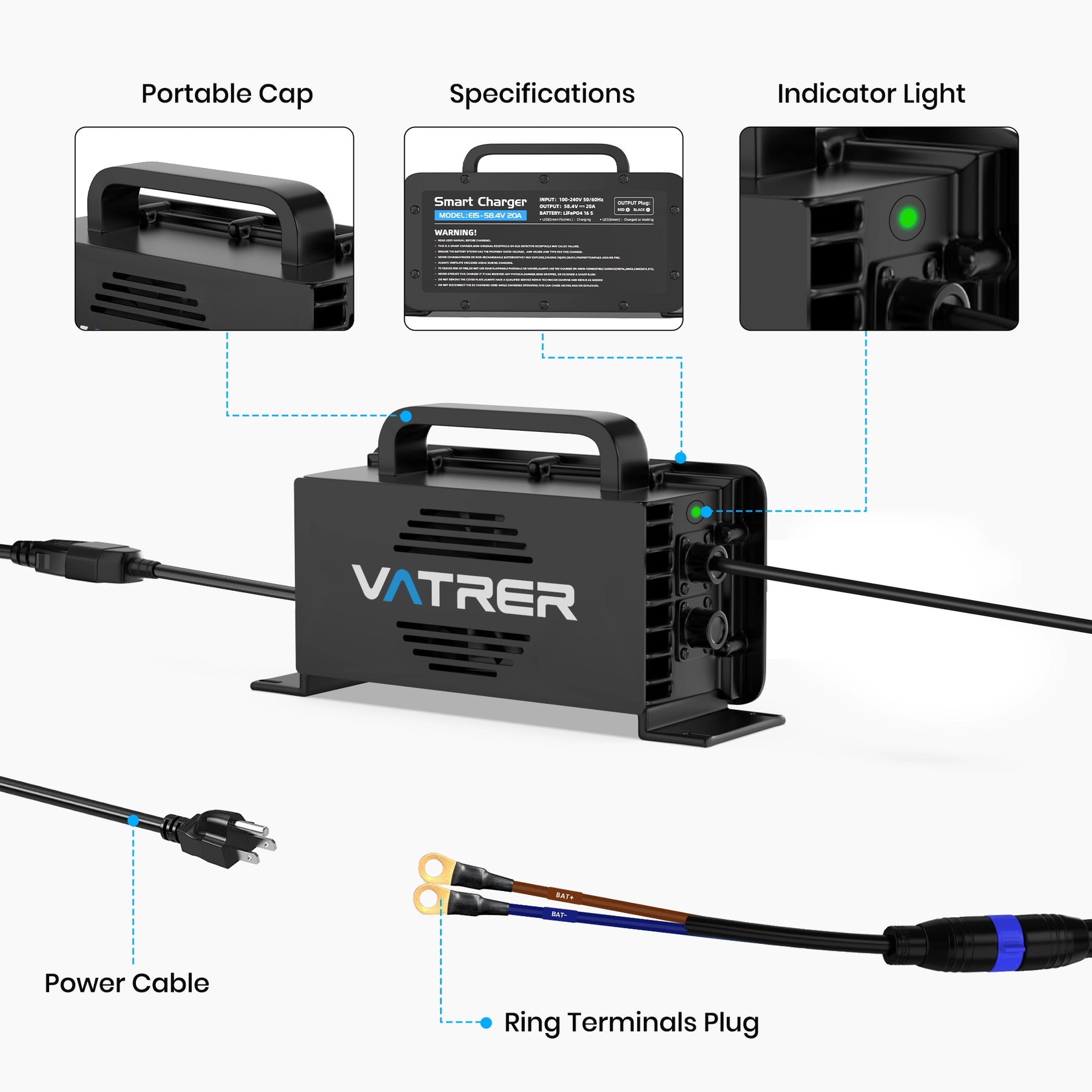Vatrer 58.4V 20A Intelligent AC-DC  48V Golf Cart  LiFePO4 Battery Charger 15