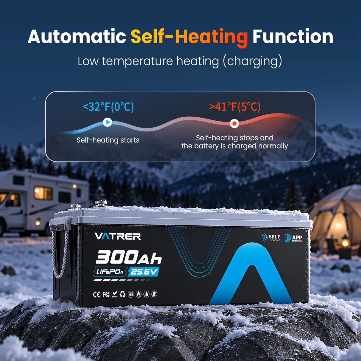 24V 300Ah self-heating lithium battery with automatic heating below 32°F