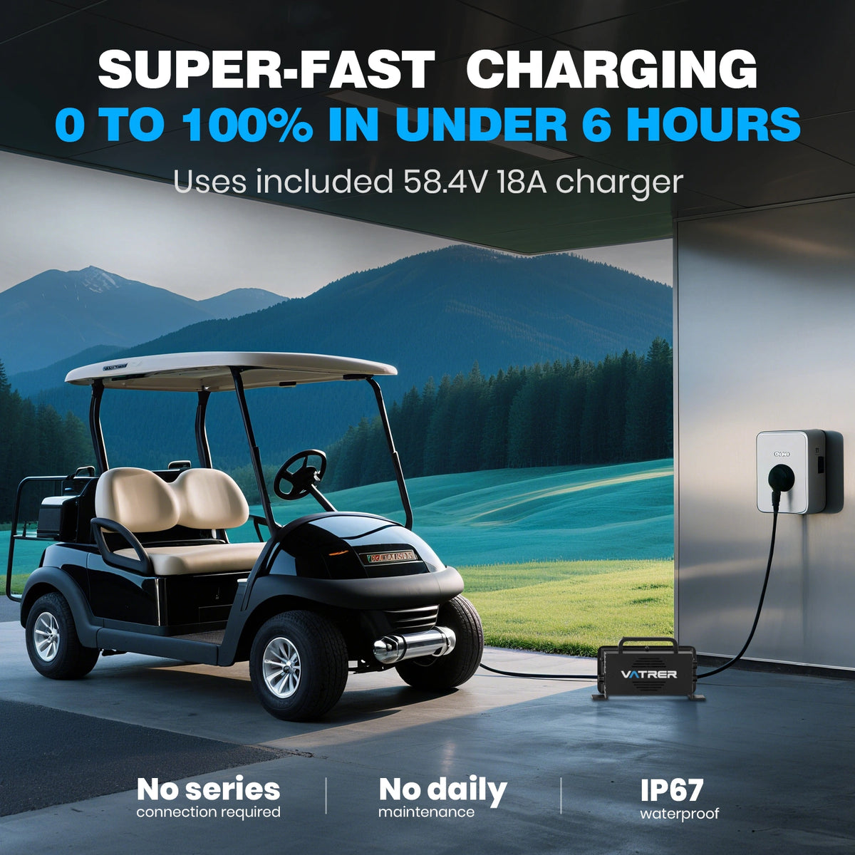 Compact lithium golf cart battery with 58.4V charger and fast charging