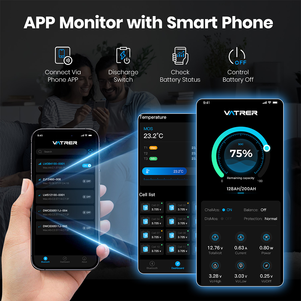 Vatrer 12V 200Ah Bluetooth Lithium Battery App Montior with Smart Phone