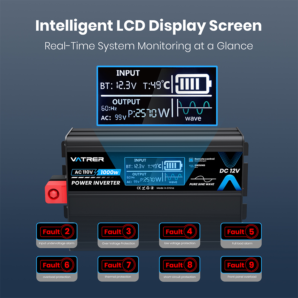 Vatrer 1000W Pure Sine Wave Inverter Built-in LCD Display Screen