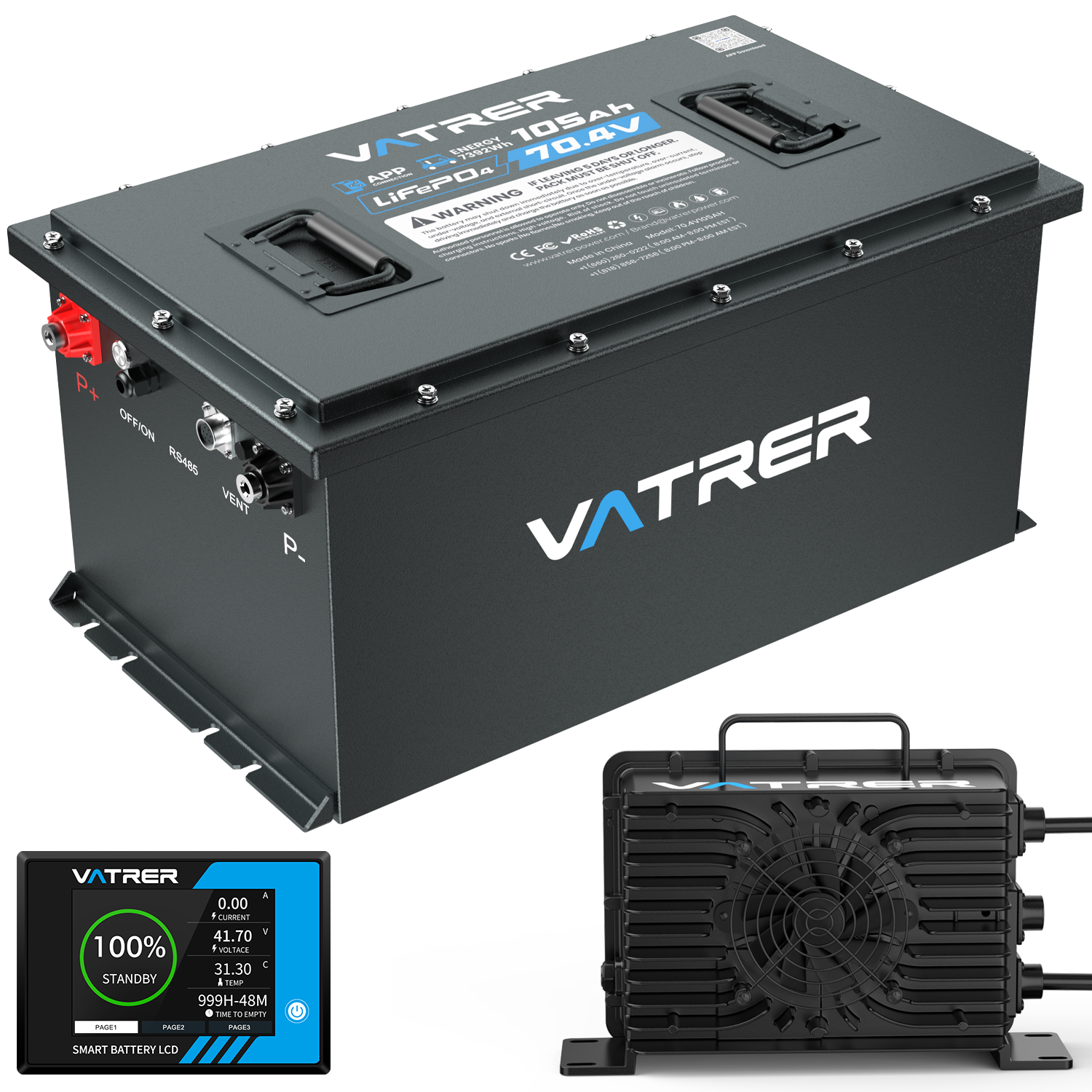 <tc>Vatrer</tc> 72 V (70,4 V) 105 Ah LiFePO4-Golfwagen-Akku, integriertes 200 A BMS, wiederaufladbarer Lithium-Akku mit mehr als 4.000 Zyklen, max. 14,08 kW Ausgangsleistung 12