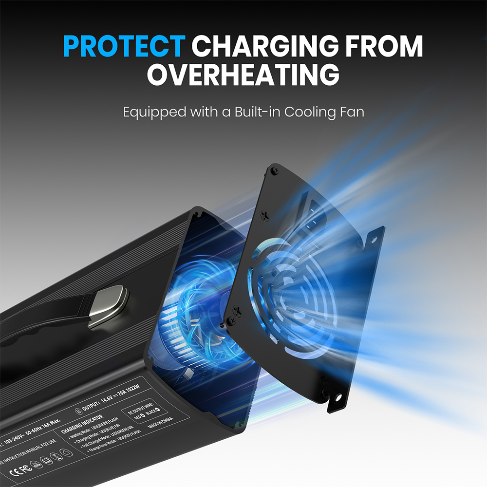 Vatrer 14.6V 70A AC-DC Charger for 12V Lithium Built-in Cooling Fan