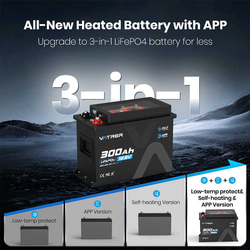 Vatrer 12V 300Ah Self-heating Lithium Battery 3-in-1
