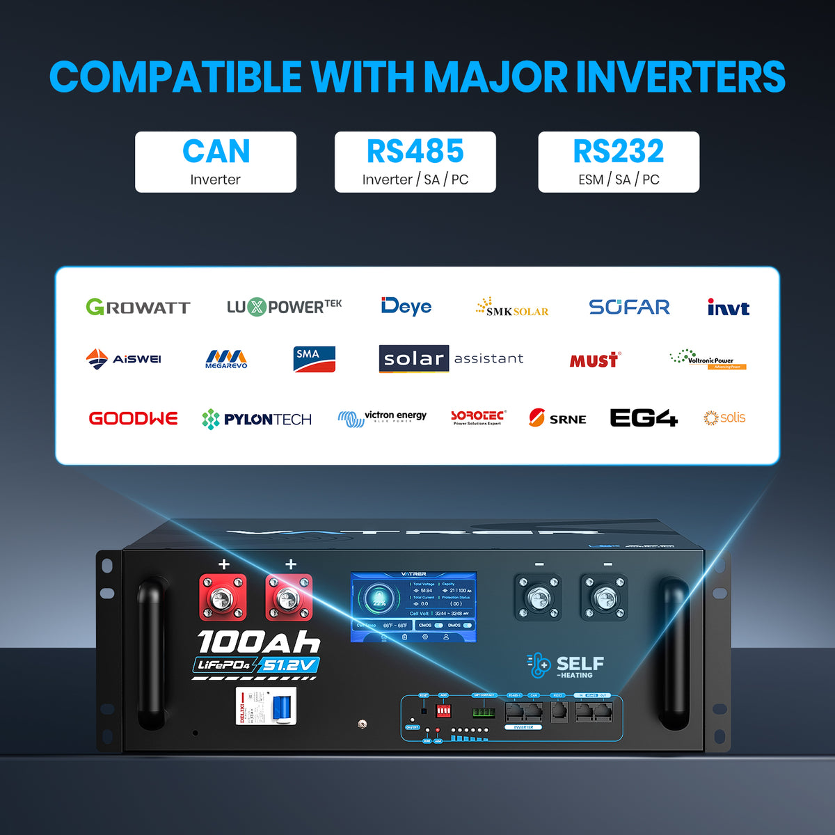 51.2V 100Ah Self-heating Lithium Battery Compatibility Major Inverter