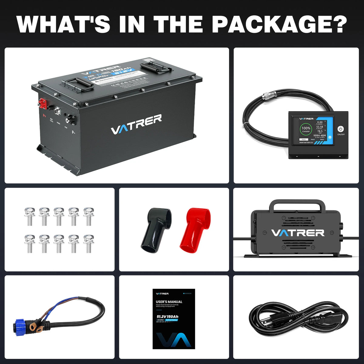 Vatrer 48V 150Ah lithium golf cart battery conversion kit contents