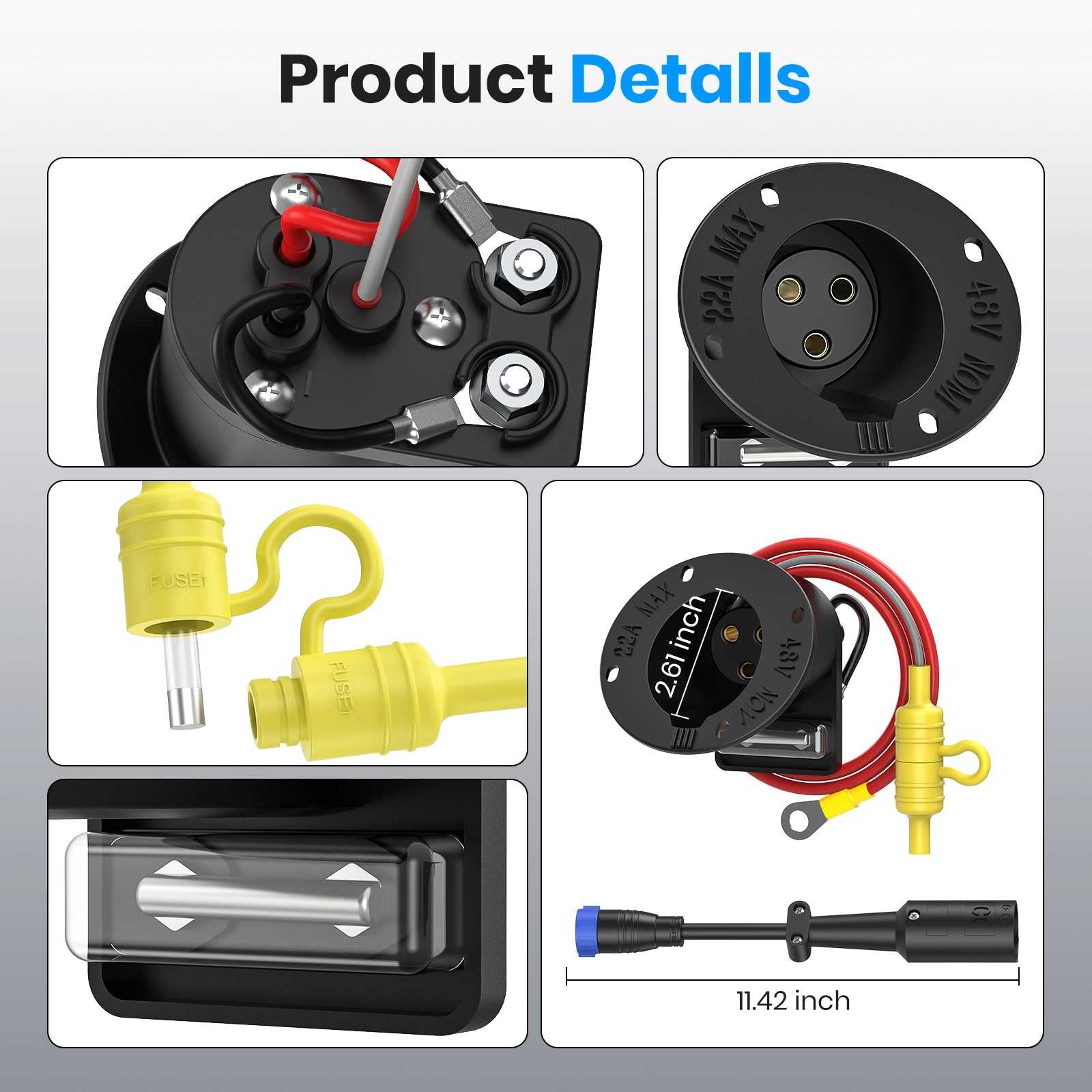 48V Golf Cart Charger Receptacle Charger Plug Charging Port with Fuse & Handle Plug for Club Car DS 1995-UP (Includes Positive and Negative M8 Terminals) 13