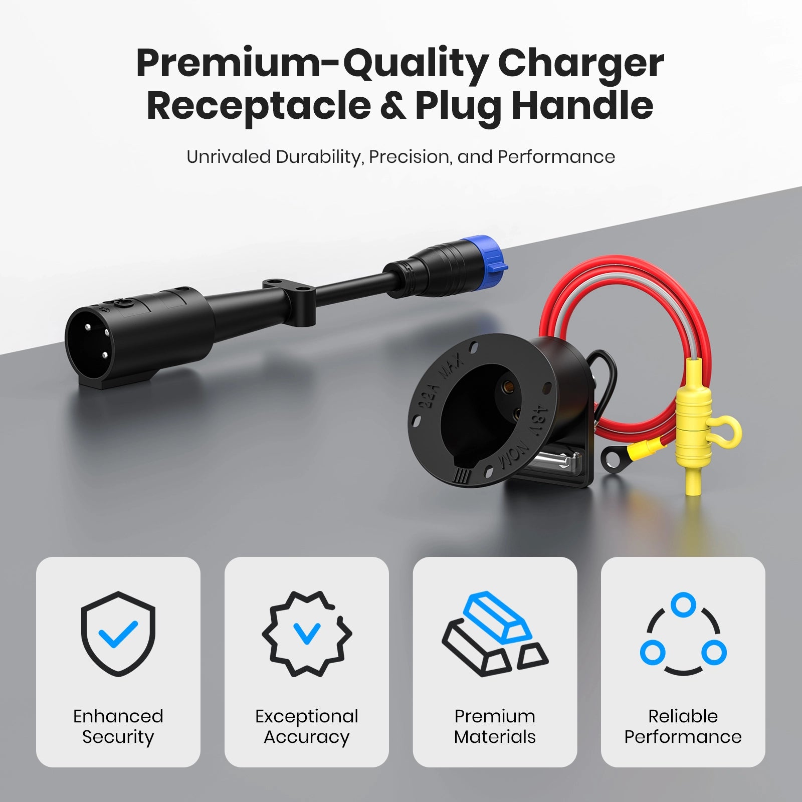 48V Golf Cart Charger Receptacle Charger Plug Charging Port with Fuse & Handle Plug for Club Car DS 1995-UP (Includes Positive and Negative M8 Terminals) 13