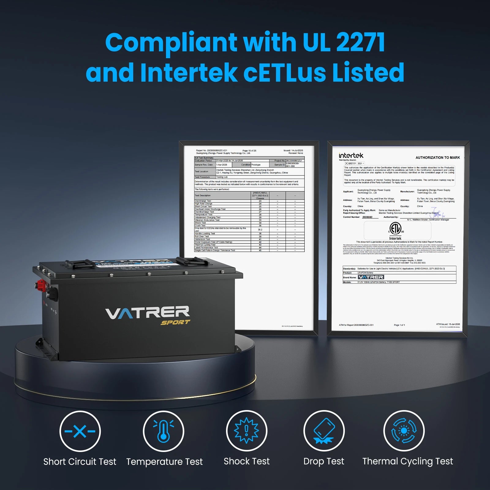Vatrer 48V 105Ah Lithium UTV/ATV Batteries Compliant with UL 2271 and Intertek cETLus Listed