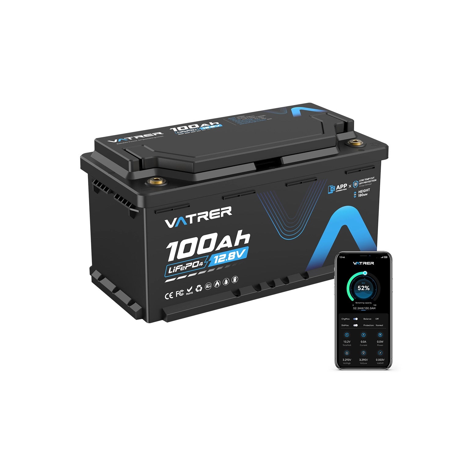 Vatrer 12V 100Ah H190 Bluetooth LiFePO4 Batterie mit 188mm Höhe 1280Wh 5000+ Zyklen Lithium Batterie EU 12