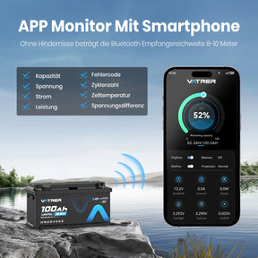 Vatrer 12V 100Ah H190 Bluetooth LiFePO4 Batterie mit 188mm Höhe 1280Wh 5000+ Zyklen Lithium Batterie EU 8