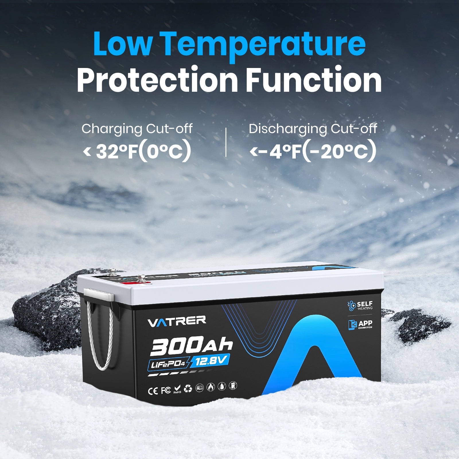 <tc>Vatrer</tc> 12V 300AH Bluetooth LiFePO4 Lithiumbatterie mit Selbsterwärmung, 200 A BMS, unterstützt Laden bei niedriger Temperatur (-4 °F), 5000+ Zyklen, 2560 W Leistung 13