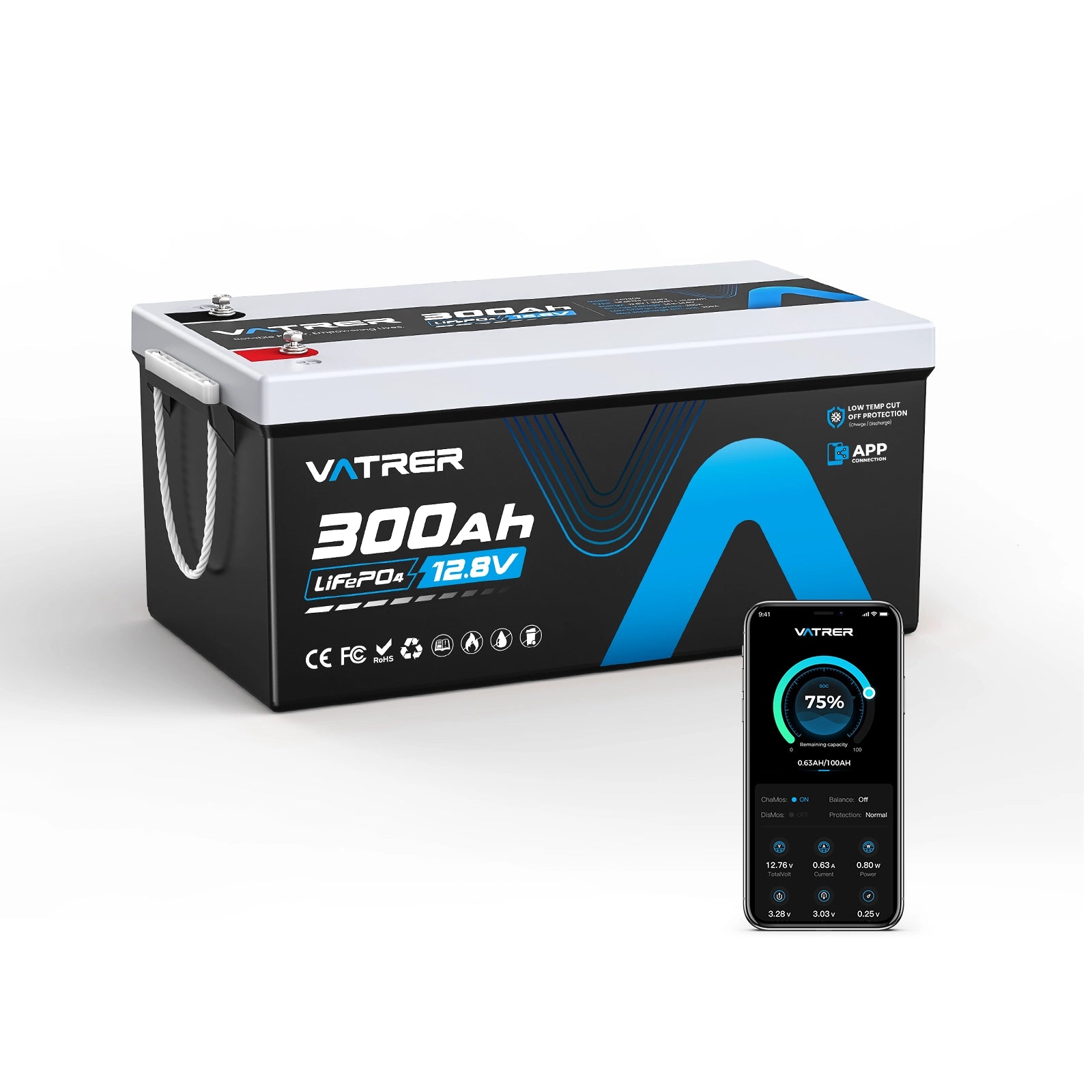 Vatrer 12V 300Ah Bluetooth LiFePO4 Lithium-Akku, 200A BMS, unterstützt Laden bei niedrigen Temperaturen (-4°F), 5000+ Zyklen, 2560W Leistung