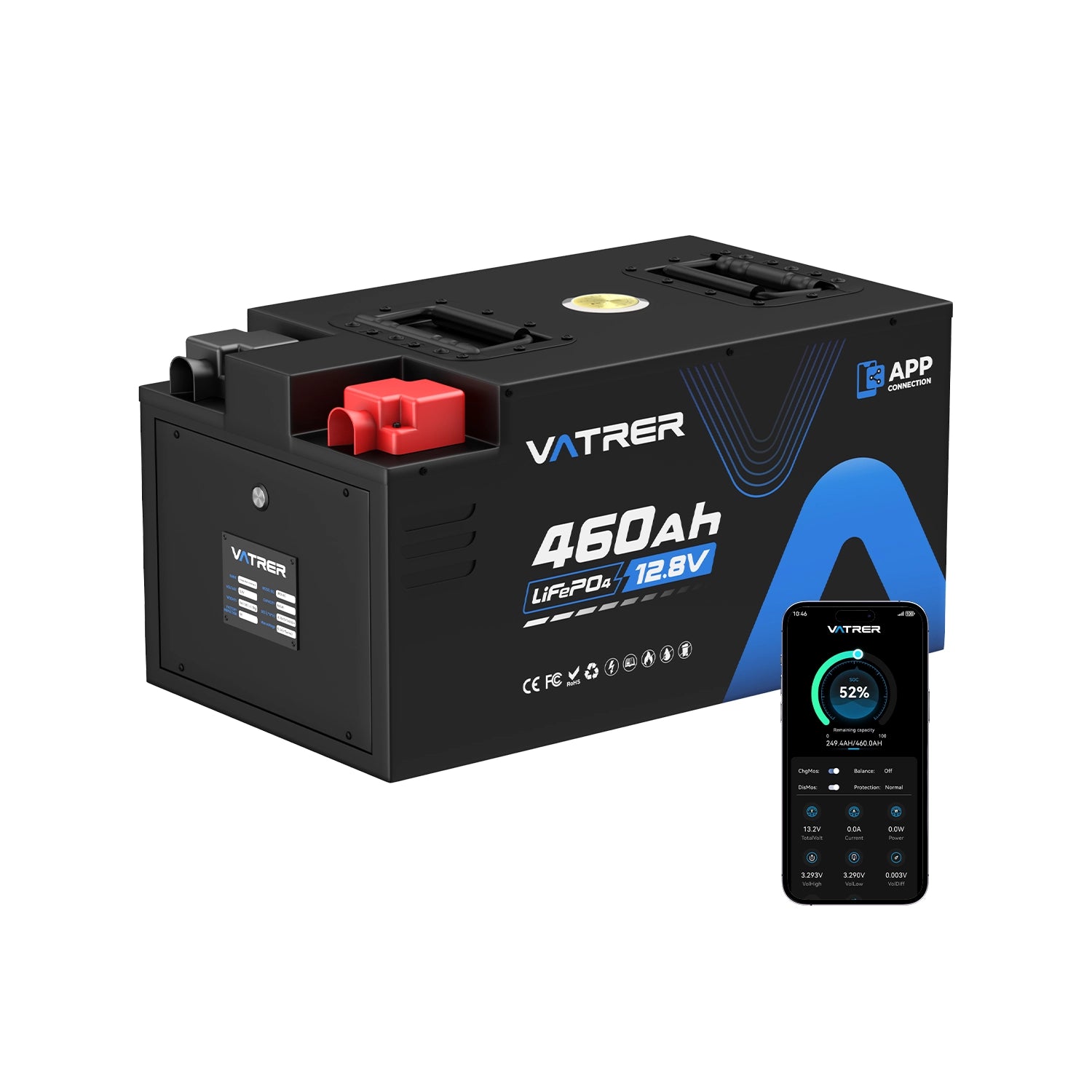 Vatrer 12V 460AH 250A BMS Niedrigtemperatur-Abschaltung LiFePO4 RV-Batterie Bluetooth-Version EU