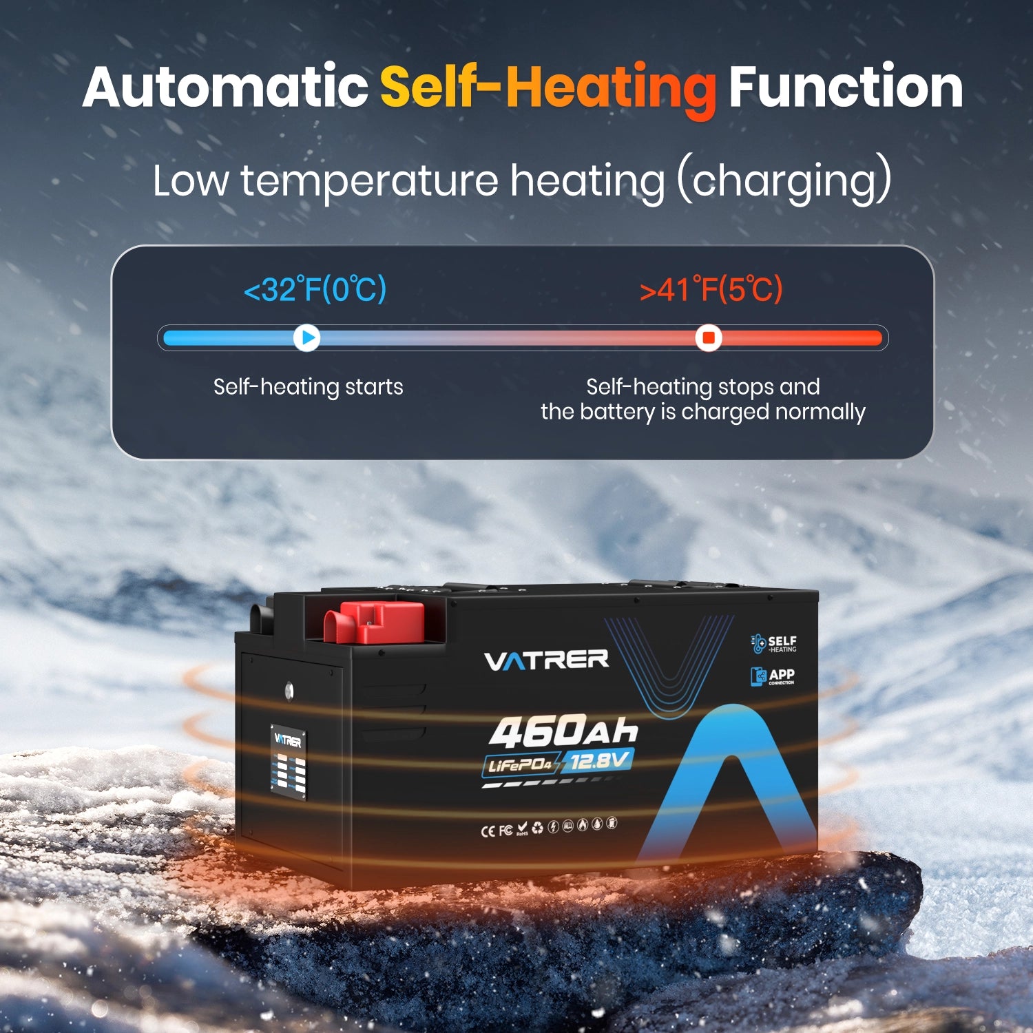 Vatrer 12V 460AH 300A BMS Niedrigtemperatur-Abschaltung LiFePO4 Selbsterhitzende RV-Batterie EU 12