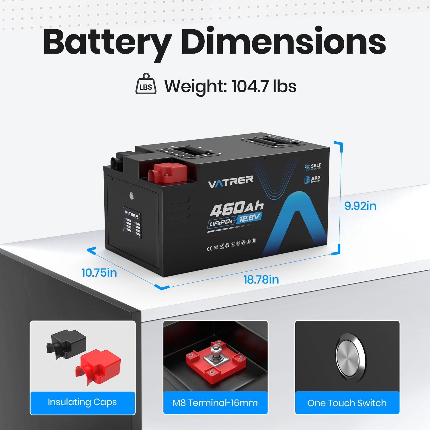 Vatrer 12V 460AH 300A BMS Niedrigtemperatur-Abschaltung LiFePO4 Selbsterhitzende RV-Batterie EU 12