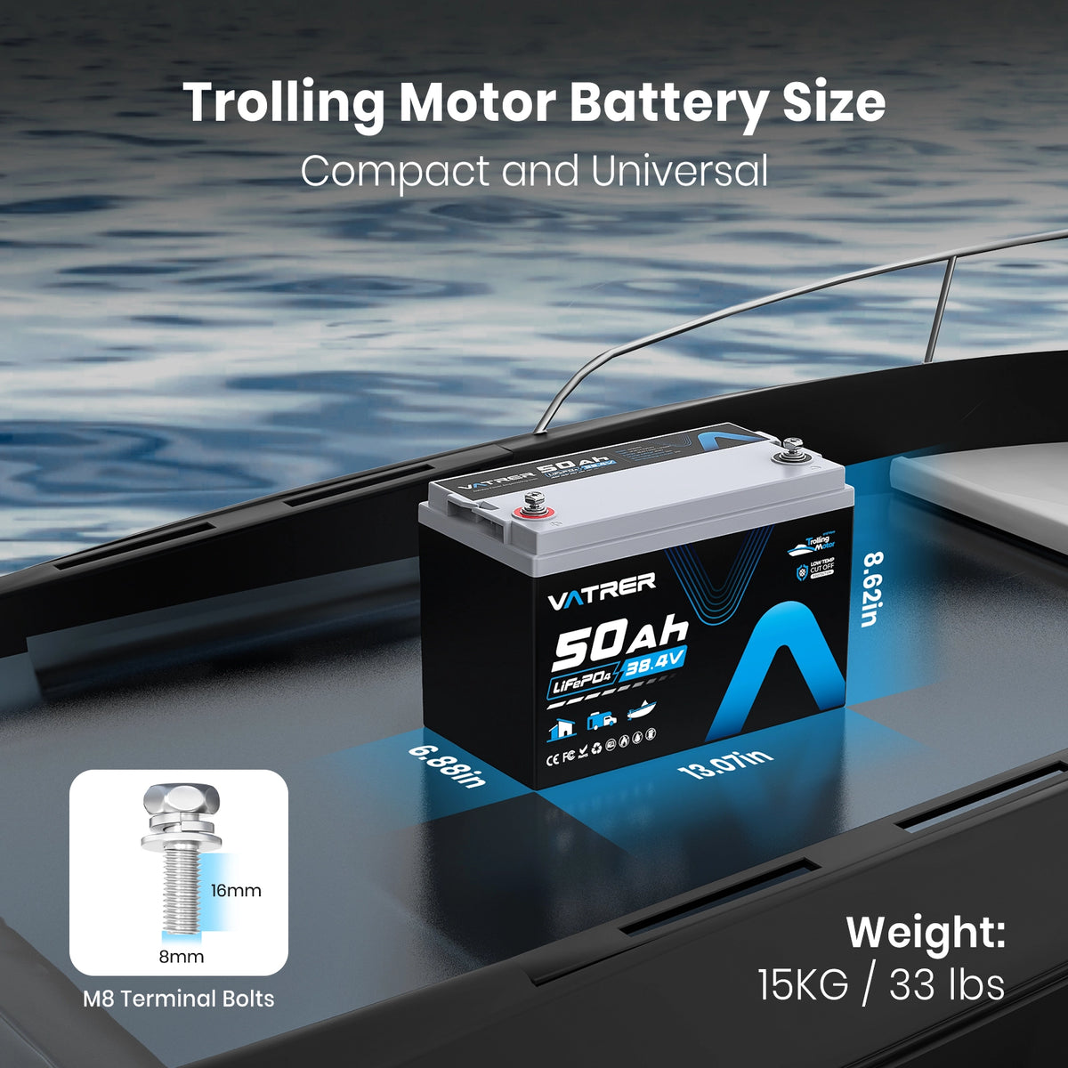Vatrer 36V 50Ah Trolling Motor LiFePO4 Lithium Battery with 1920W, Built-in 50A BMS 11