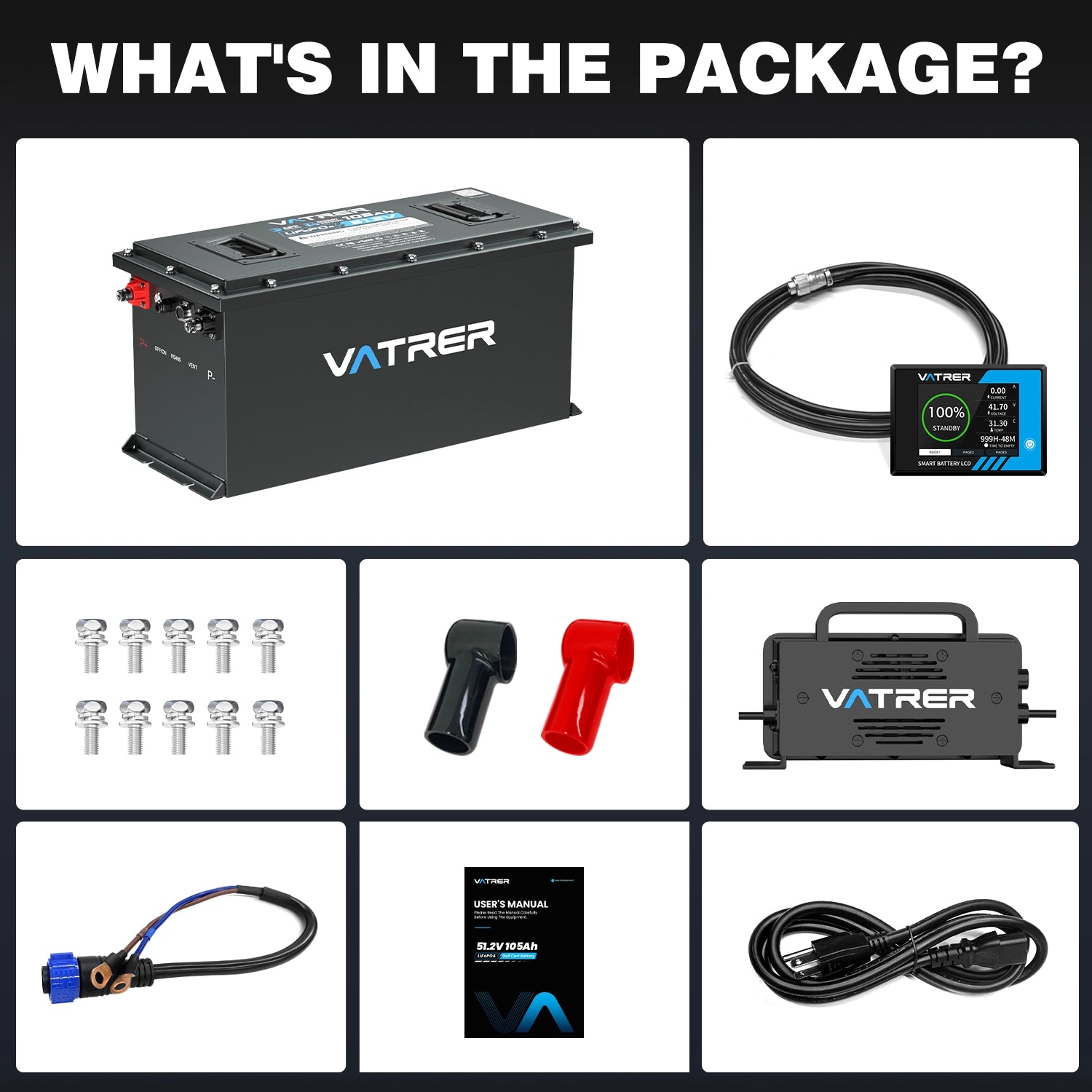 Vatrer 48V 105Ah (Narrow Version) Lithium Golf Cart Battery, 200A BMS, 4000+ Cycles, Max 10.24kW Power 12