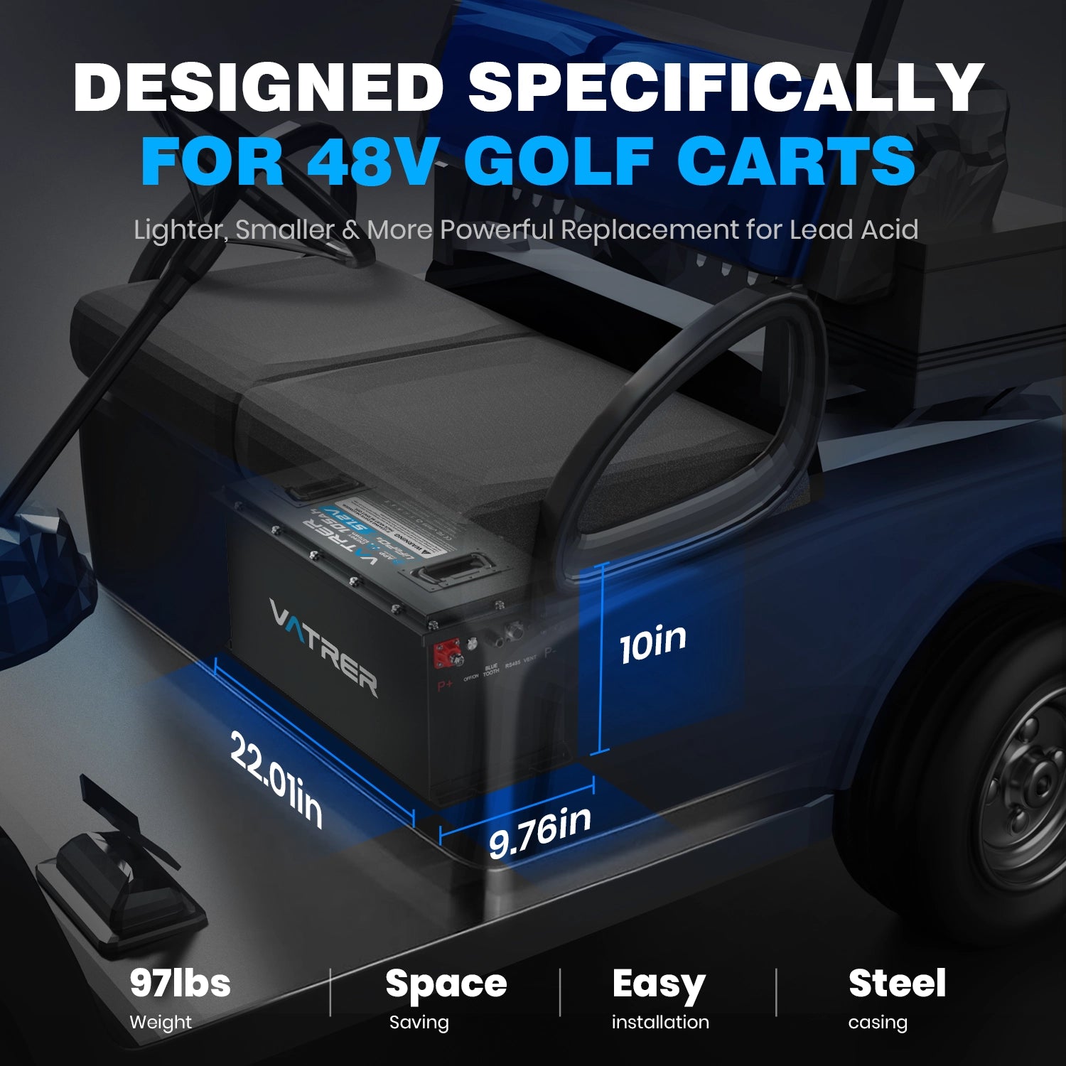 Vatrer 48V 105Ah (Narrow Version) Lithium Golf Cart Battery, 200A BMS, 4000+ Cycles, Max 10.24kW Power 12
