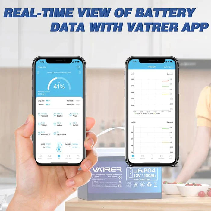 Vatler 12V 100Ah LiFePO4 リチウム バッテリー、低温カットオフおよび Bluetooth EU 付き