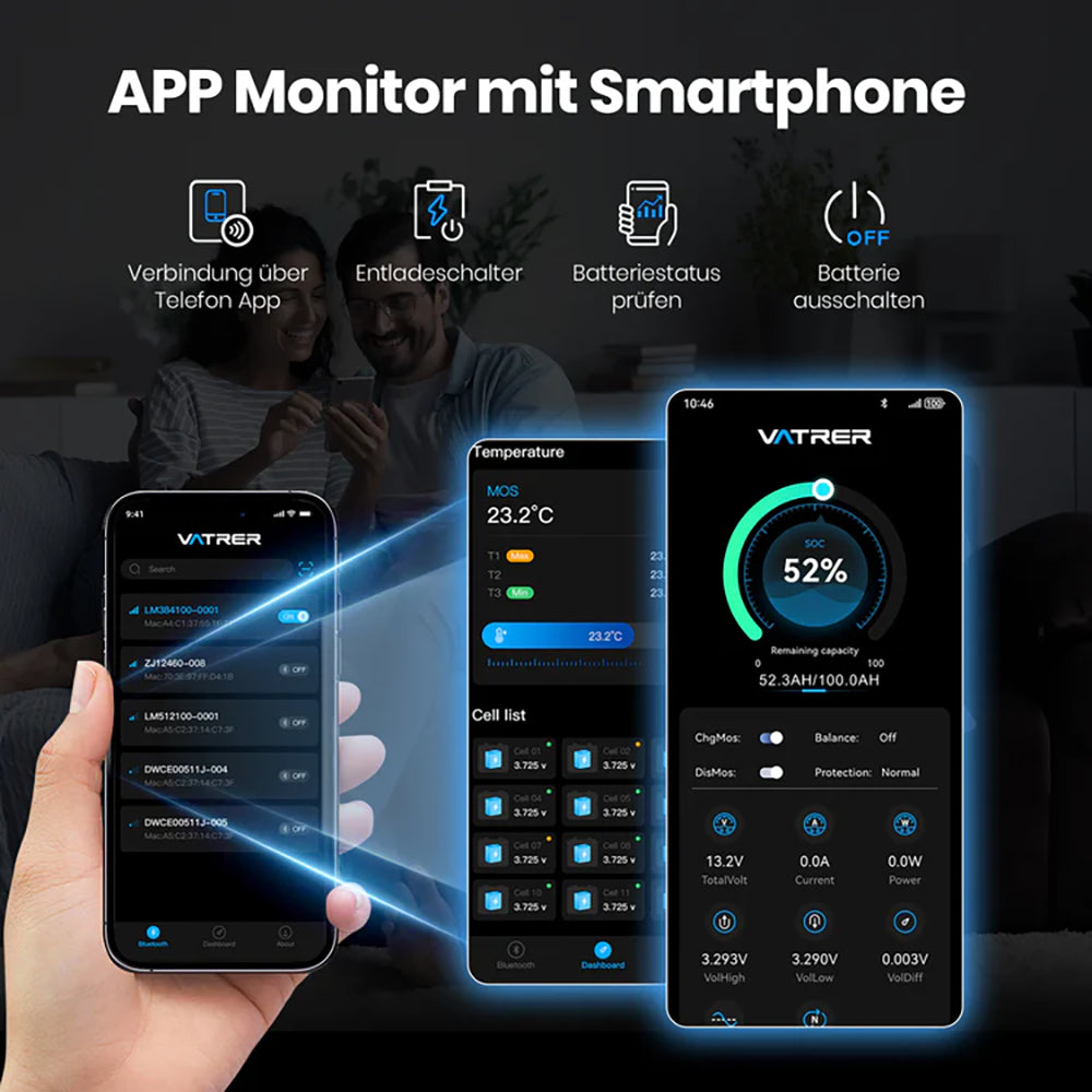 Vatrer 12V 100Ah Heated Lithium Battery Bluetooth App