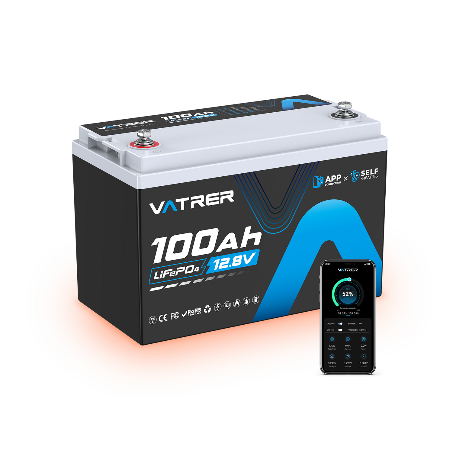 Vatrer 12V 100Ah Heated Lithium Battery with Bluetooth 100A BMS
