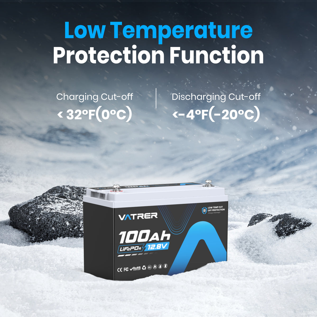 VATRER POWER 12V 100AH Bluetooth LiFePO4 Lithium Batterie mit 100A BMS 5000 Zyklen Lithium Akku 1280W Abschaltschutz bei Niedriger Temperatur Perfekter für Wohnmobil, Solar & Off-Grid-Anwendungen VATRER POWER 12V 100AH Bluetooth LiFePO4 Lithium Batterie mit 100A BMS 5000 Zyklen Lithium Akku 1280W Abschaltschutz bei Niedriger Temperatur Perfekter für Wohnmobil, Solar & Off-Grid-Anwendungen