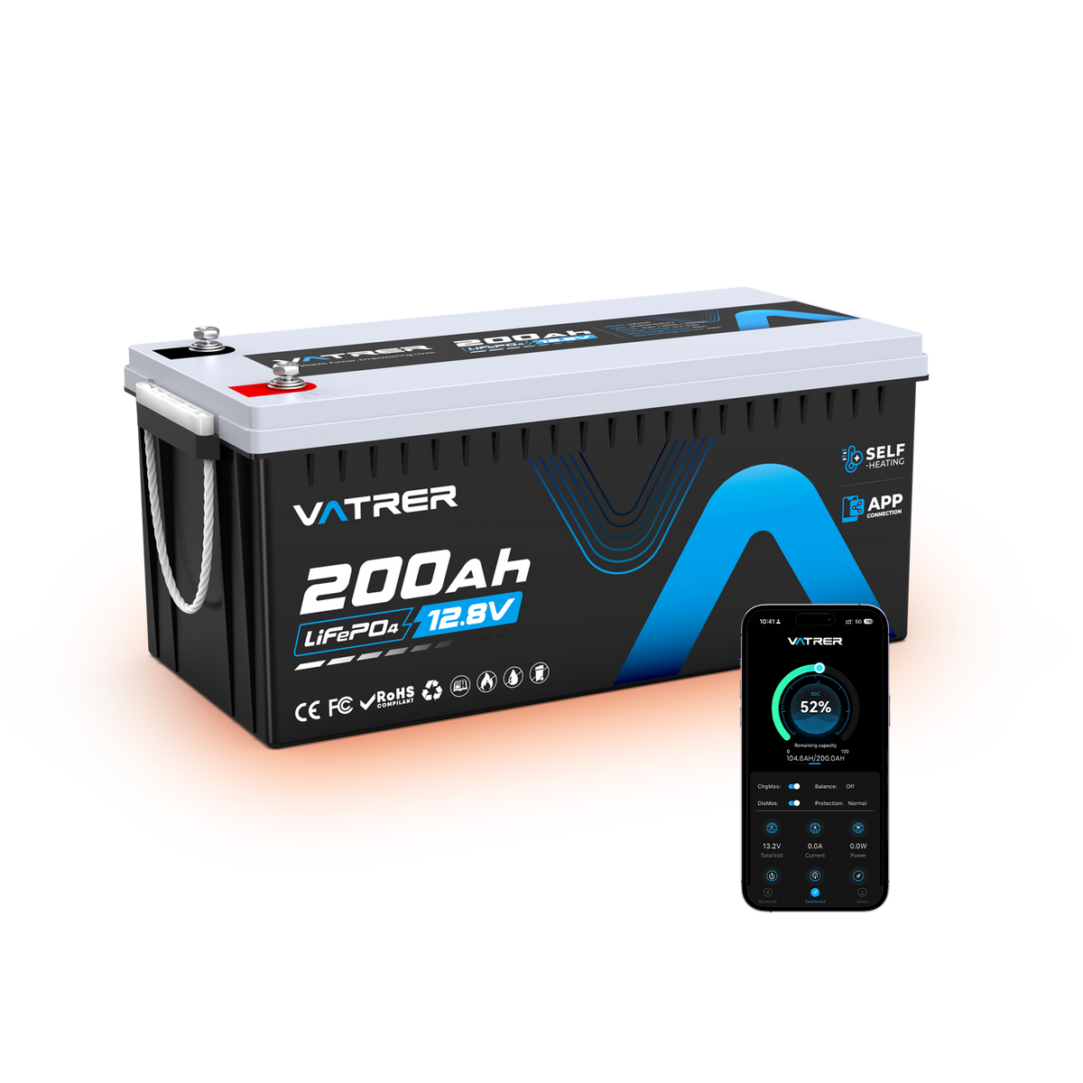 Vatrer 12V 200Ah 200A BMS Bluetooth LiFePO4 Lithium Self-Heated Battery 11