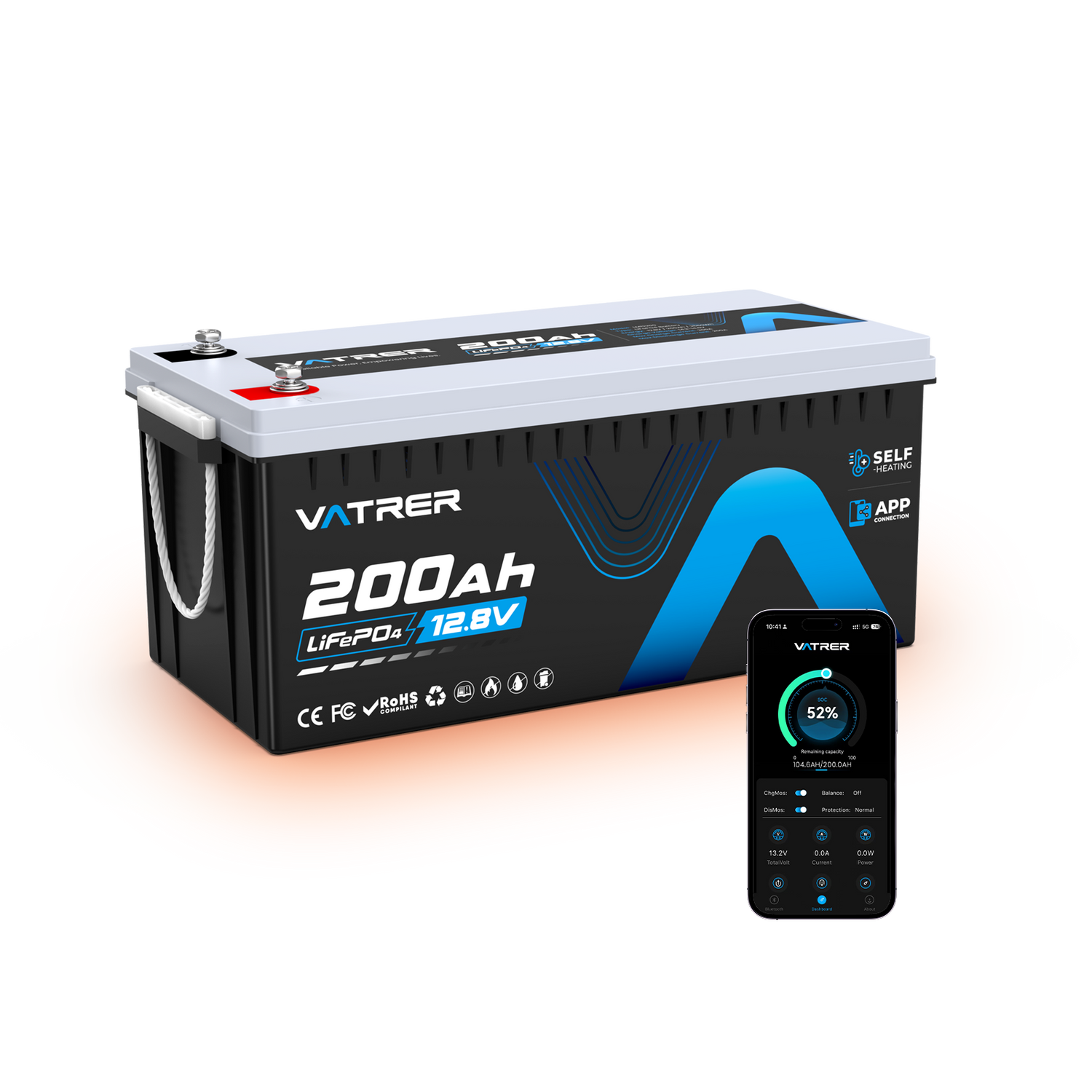 Vatrer 12V 200Ah Bluetooth Self-Heated Lithium Battery 200A BMS