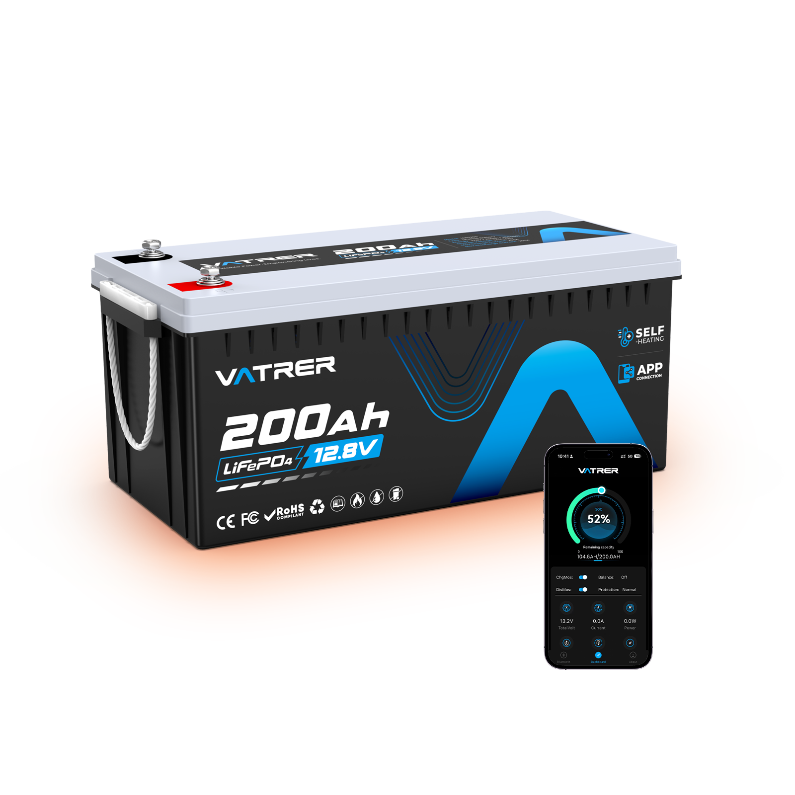 Vatrer 12V 200Ah 200A BMS Bluetooth LiFePO4 Lithium Self-Heated Battery 13