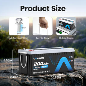 Vatrer 12V 200Ah 200A BMS Bluetooth LiFePO4 Lithium Self-Heated Battery 8