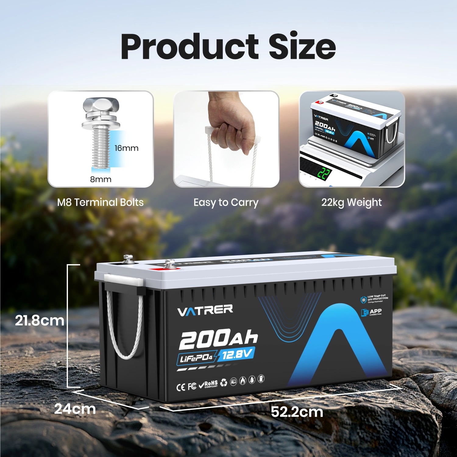 Vatrer 12V 200Ah Plus Lithium Battery with Bluetooth 200A BMS EU 12