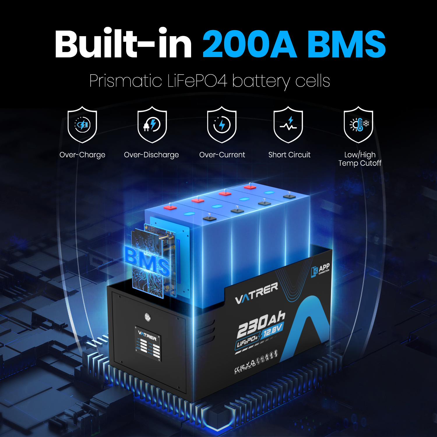 Vatrer 12V 230AH 200A BMS Low Temp Cutoff LiFePO4 RV Battery Bluetooth Version 12