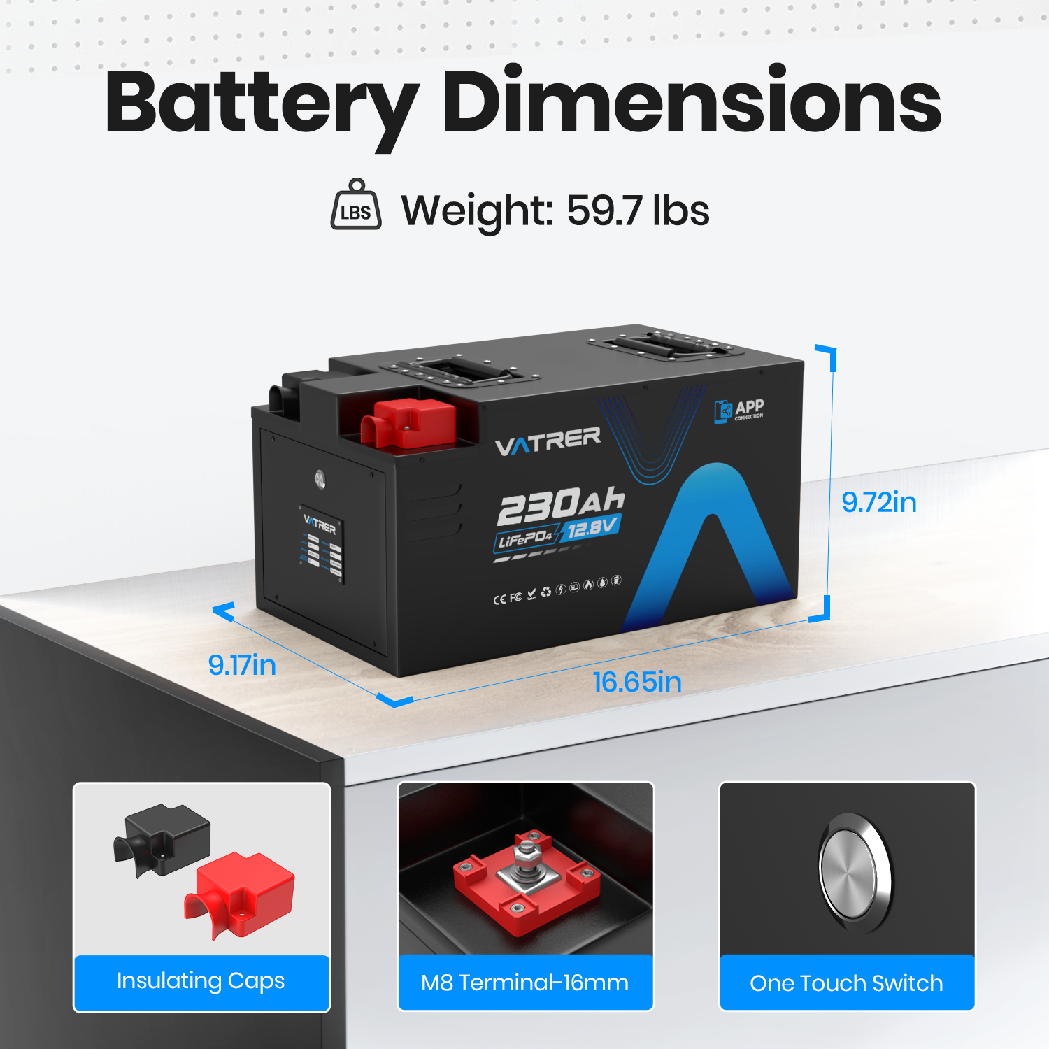 Vatrer 12V 230AH 200A BMS Low Temp Cutoff LiFePO4 RV Battery Bluetooth Version 12
