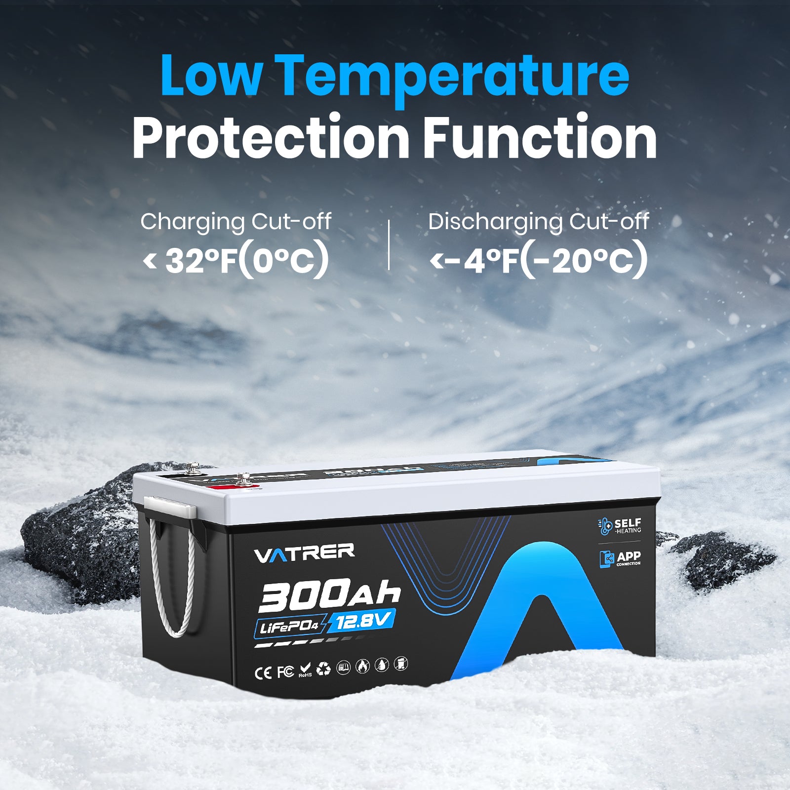 Vatrer 12V 300AH Bluetooth LiFePO4 Self Heating Lithium Battery 13